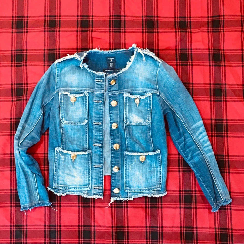 Guess Marciano blue denim jean jacket - vintage - frayed distressed - wo…